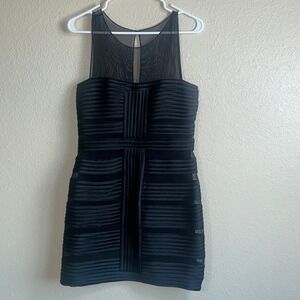 Cache Black Sheer Mesh Cap Sleeve Cocktail Dress Size 10 Textured Ribbon Detail‎